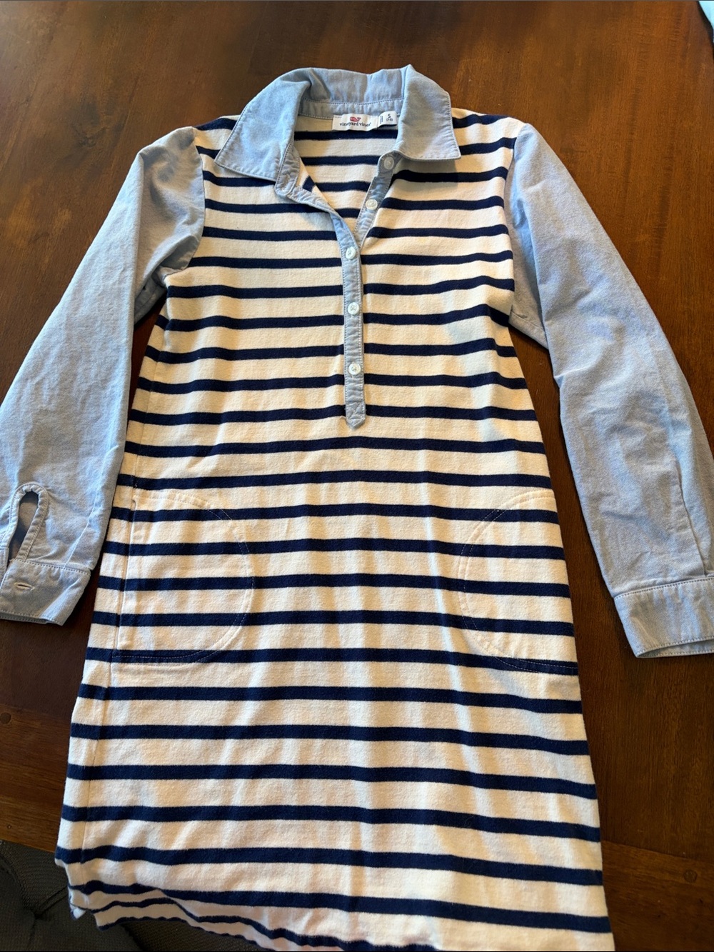 Vineyard Vines Navy and Light Blue Striped Long Sleeve Polo Dress